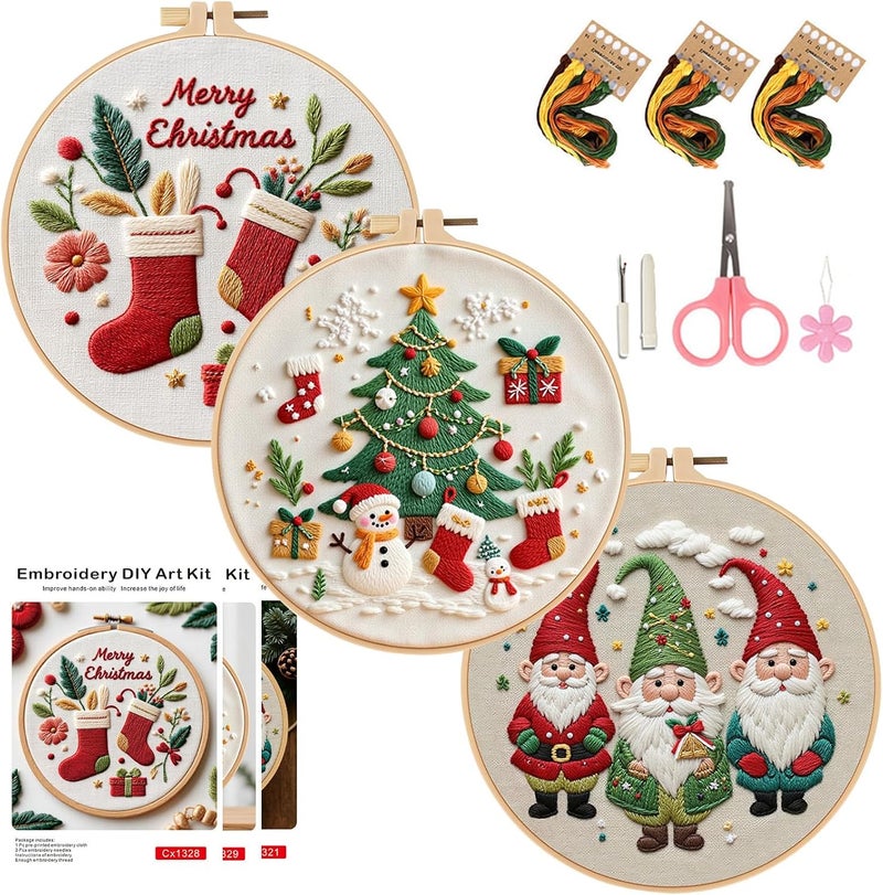 COCOMOX Christmas Embroidery Kit for Beginners, 3 Set Cross Stitch Kits for Adults Santa Claus Christmas Tree Patterns Handmade DIY Gift - Image 1